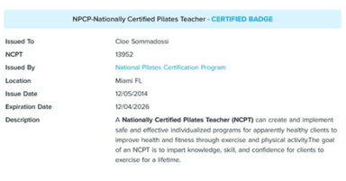 NPCP nationally certified Pilates teacher record for Cloe Sommadossi