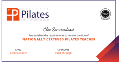 Nationally certified Pilates teacher certificate for Cloe Sommadossi